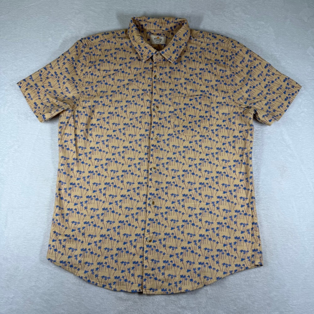 Marine Layer Mens Short Sleeve Palm Tree Print Button Down Shirt Tan Blue 15798